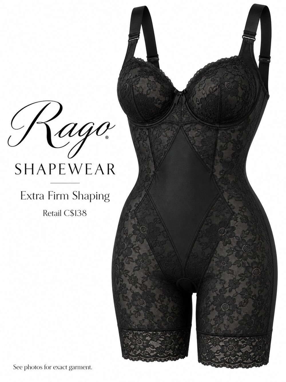 Rago Lacette Long Leg Body Briefer Black 36 DD